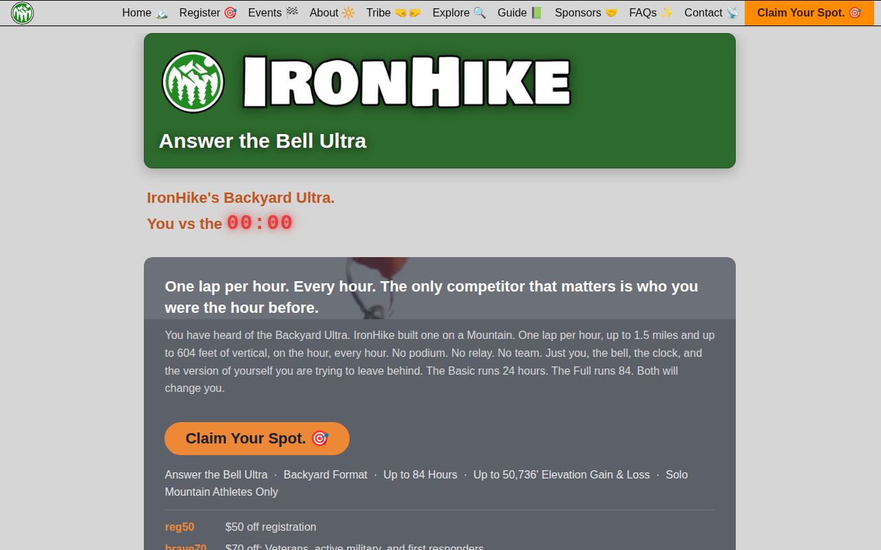 Iron Hike - Fall Answer the Bell Ultra Trail Marathon - Full (Backyard Ultra Format) - 100+ Miles | 50,400' Elevation | 84-Hour | Run, Hike or Walk