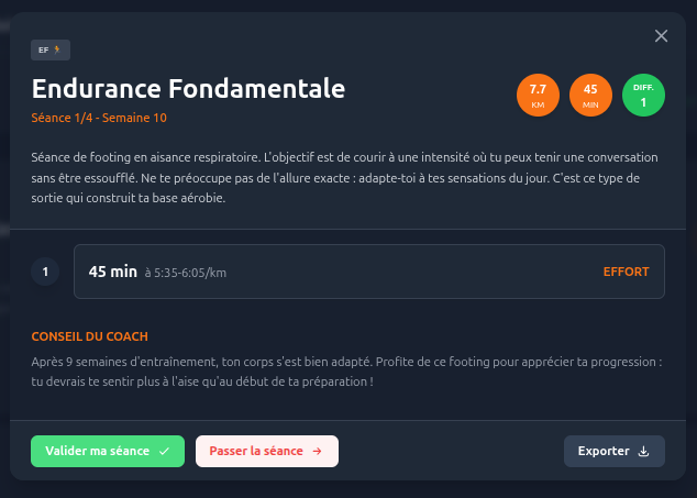 Détail d'une séance d'entraînement RunRun